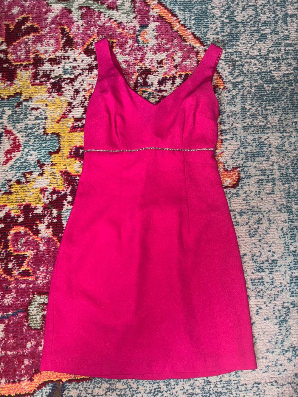 CDC Fuchsia V-Neck Sleeveless Mini Dress with Rhinestone Waist